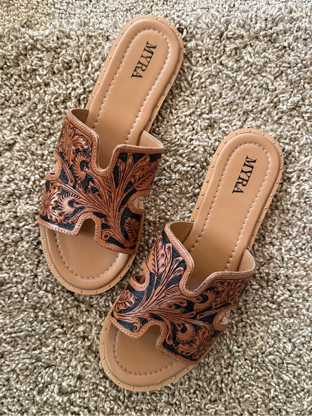 Myra Tan and Black Tooled Leather Slide Sandals Carmina Anne style western style